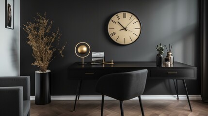 A sleek black wall clock with a simple design and elegant gold hands, set against a backdrop of a modern office. Generative AI