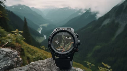 Foto op Plexiglas A modern smartwatch with a variety of fitness and health features, set against a backdrop of a scenic hiking trail. Generative AI © Наталья Евтехова
