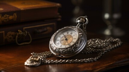 A classic pocket watch with a silver chain and an ornate casing, set against a backdrop of a grand Victorian ballroom. Generative AI