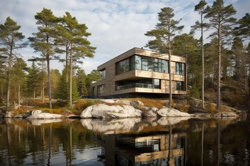 Obraz premium house on the river created with Generative AI technology