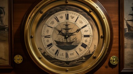 An antique ship's clock with a brass casing and a nautical design, set against a backdrop of a sailing ship on the high seas. Generative AI