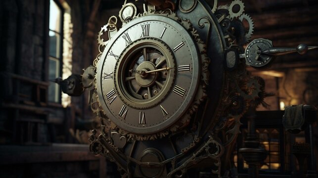 A steampunk clock with gears and cogs that turn and whir, set against a backdrop of a Victorian factory. Generative AI © Наталья Евтехова