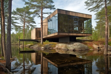 Obraz premium house on the river created with Generative AI technology