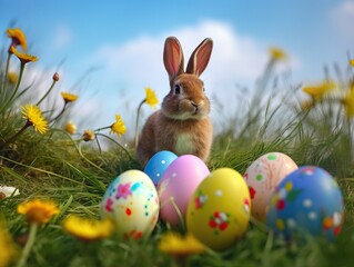 Fototapeta premium Little Bunny In Basket With Decorated Easter Eggs. Easter concept. Generative AI