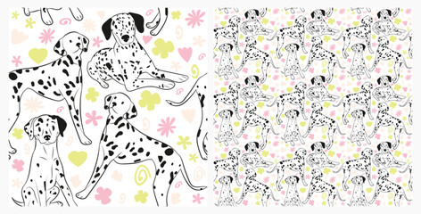 Spring pattern with spirals, leaf, flowers, 
Dalmatian dogs. Pastel colors. Elegant, soft seamless background, abstract summer pattern with hand-drawn colorful shapes. Delicate, gender-neutral, child.