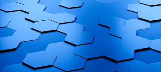 Hexagonal background with blue hexagons, abstract futuristic geometric backdrop or wallpaper with copy space for text