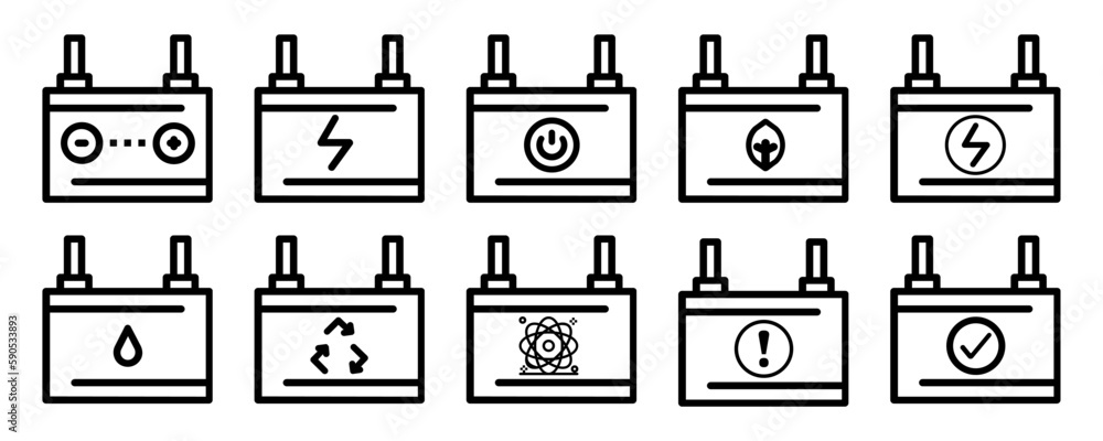 Poster battery linear icon set of battery with usage icons on white background eps10
