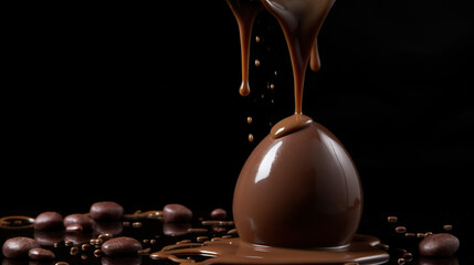 Hot Liquid Chocolate dropping into clear glass, pouring c+hot chocolate isolated on a dark...