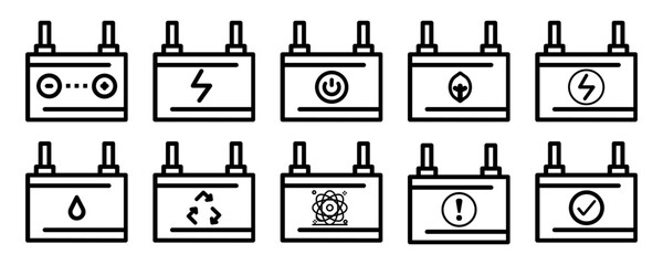 Battery linear icon set of battery with usage icons on white background eps10