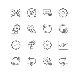 Set of gear related icons, engineering, process, settings and linear variety vectors.
