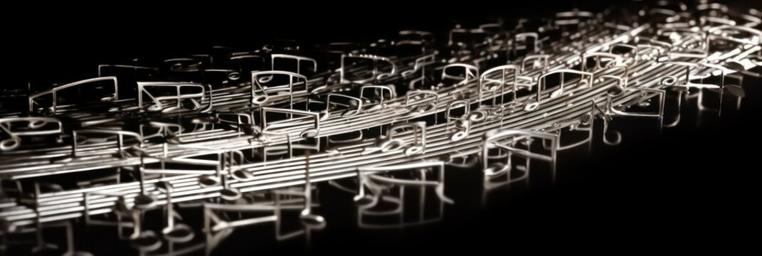 art background with the image of musical signs and elements of musical instruments made of metal, music made in metal on a black background. Generative AI 
