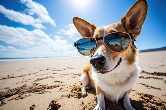 Dog Posing on Beach Wearing Sunglasses, Cool Canine (Ai generated)