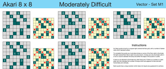 Fototapeta premium 5 Moderately Difficult Akari 8 x 8 Puzzles. A set of scalable puzzles for kids and adults, which are ready for web use or to be compiled into a standard or large print activity book.