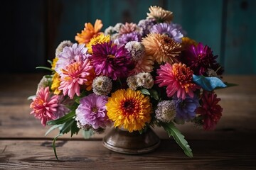 Bouquet of colorful flower on a wooden table (Ai generated)