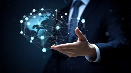 顧客に触れるビジネスマン グローバル構造ネットワークとデータ交換の接続、デジタルマーケティング、ソーシャルメディア、インターネットビジネスとソーシャルネットワークGenerativeAI