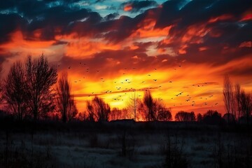 Fototapeta premium Colorful sunset with clouds and silhouettes (Ai generated)