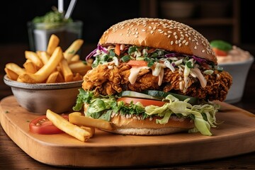 Sizzling crispy fried chicken burger with melted cheese (Ai generated)