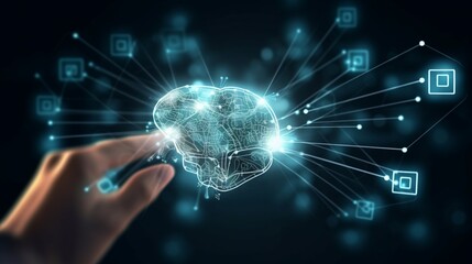 AI、機械学習、ビッグデータ・ネットワークにロボットの手と人の手が、電球に脳内データ創造、科学と人工知能技術、未来志向のイノベーションGenerativeAI