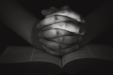 Young woman person hand praying on holy bible with study. Adult female christian reading book in...
