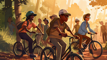 World bicycle day, kids riding bikes in forest, nature illustration of world bicycle day