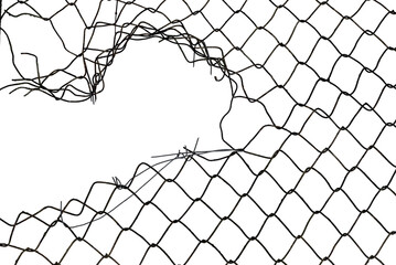 The texture of the metal mesh on a white background. Torn steel, metal mesh with holes