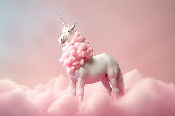a Write unicorn riding a pink candy cotton cloud