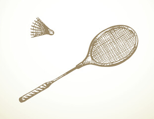 Vector drawing. Badminton racket and shuttlecock