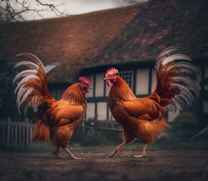AI-generated illustration of a beautiful cockfight on the vintage farm