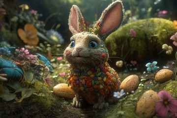 Fototapeta na wymiar adorable rabbit with his easter eggs