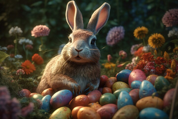 Fototapeta na wymiar adorable rabbit with his easter eggs