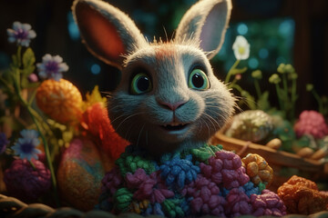adorable rabbit with his easter eggs