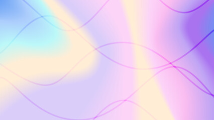 Abstract hologram distorted wave gradient background with translucent wave lines in tender pastel colors. Pink, violet, blue, peach, yellow gradient colors