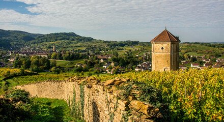  Vue sur le village d'Arbois et La Tour du Curon situés dans le vignoble d'Arbois . Département...