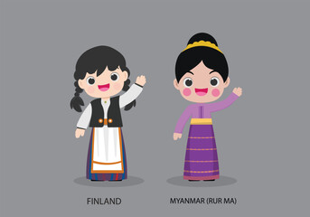 Obraz na płótnie Canvas Finland peopel in national dress. Set of Myanmar man dressed in national clothes. Vector flat illustration.