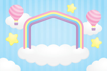 cute house shape rainbow arch and white cloud base with kawaii air balloon and stars graphic element on pastel blue background illustration vector