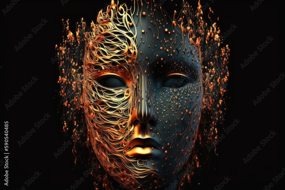 Wall mural female robot face with golden ornament on black background