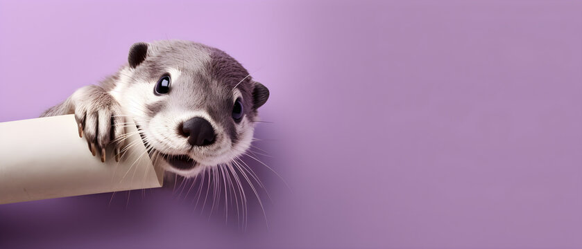 Otter on isolated Lavender color background created with Generative AI Technology