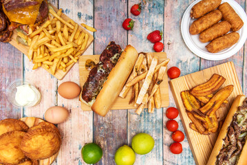 Set of recipes for sandwiches, burgers, cheese fingers, patties, vegetables and cherry tomatoes