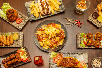 Set of latin food recipes, hot dog, tamales, stuffed potatoes, hamburgers, cheese fingers, empanadas