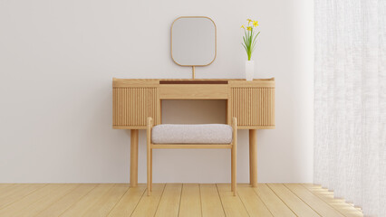 3D Rendering Wood Dressing Table in Minimal Living Room