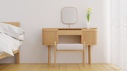 3D Rendering Wood Dressing Table in Minimal Bedroom