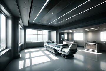 Interior of a sci-fi futuristic medical center. Ai generative.