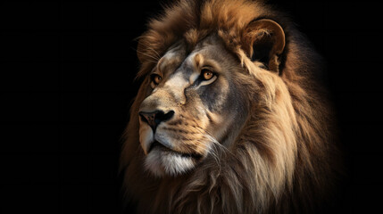 Fototapeta na wymiar Portrait of a male lion on a black background, Animal portrait, Generative AI