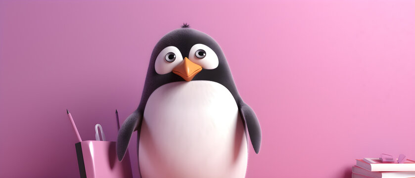 Penguin on isolated Blush Pink color background created with Generative AI Technology