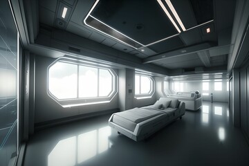 Fototapeta premium Interior of a sci-fi futuristic medical center. Ai generative.