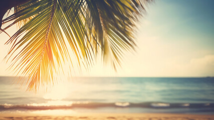 Fototapeta na wymiar Blur tropical nature beach with coconut palm tree - vintage filter effect, Generative AI