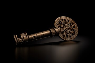 Skeleton key, antique key on black background. Generative AI.