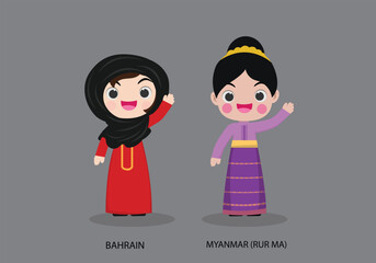 Obraz na płótnie Canvas Bahrain peopel in national dress. Set of Myanmar man dressed in national clothes. Vector flat illustration.