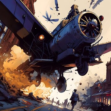 Airplane colliding with a steam engine train on a city street chaos explosions disorder broken machinery details maximalist zenescope style 2D ar 32 no people 