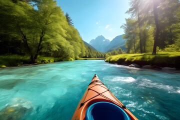 Kayak tour on a river with clear water in the Alps